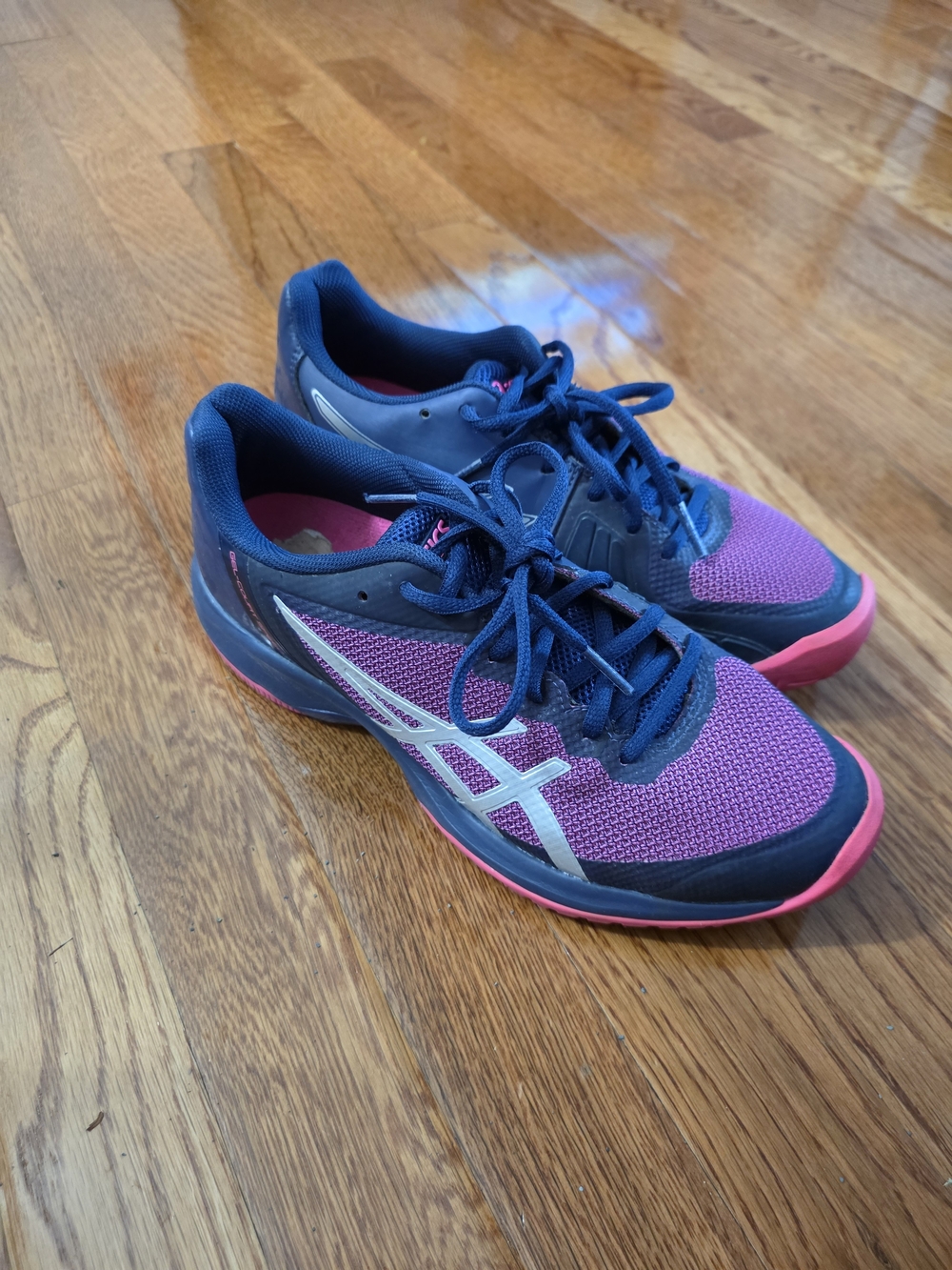 Asics Women's Navy and Pink Running Sneakers with Silver Logo